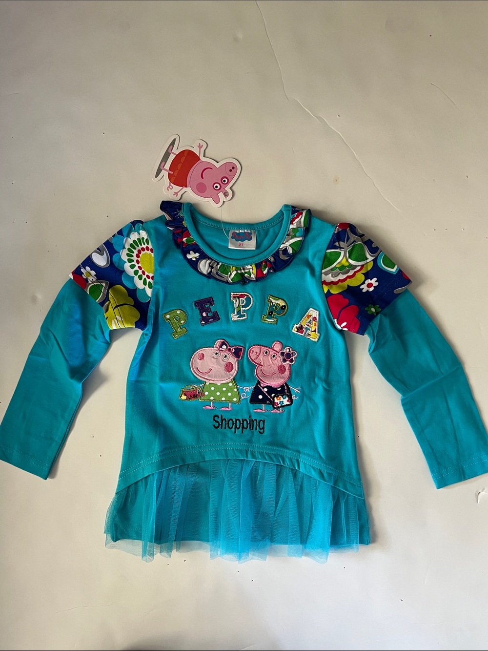 Peppa Pig Bright Turquoise Long Sleeve Top with Floral Sleeve Panels